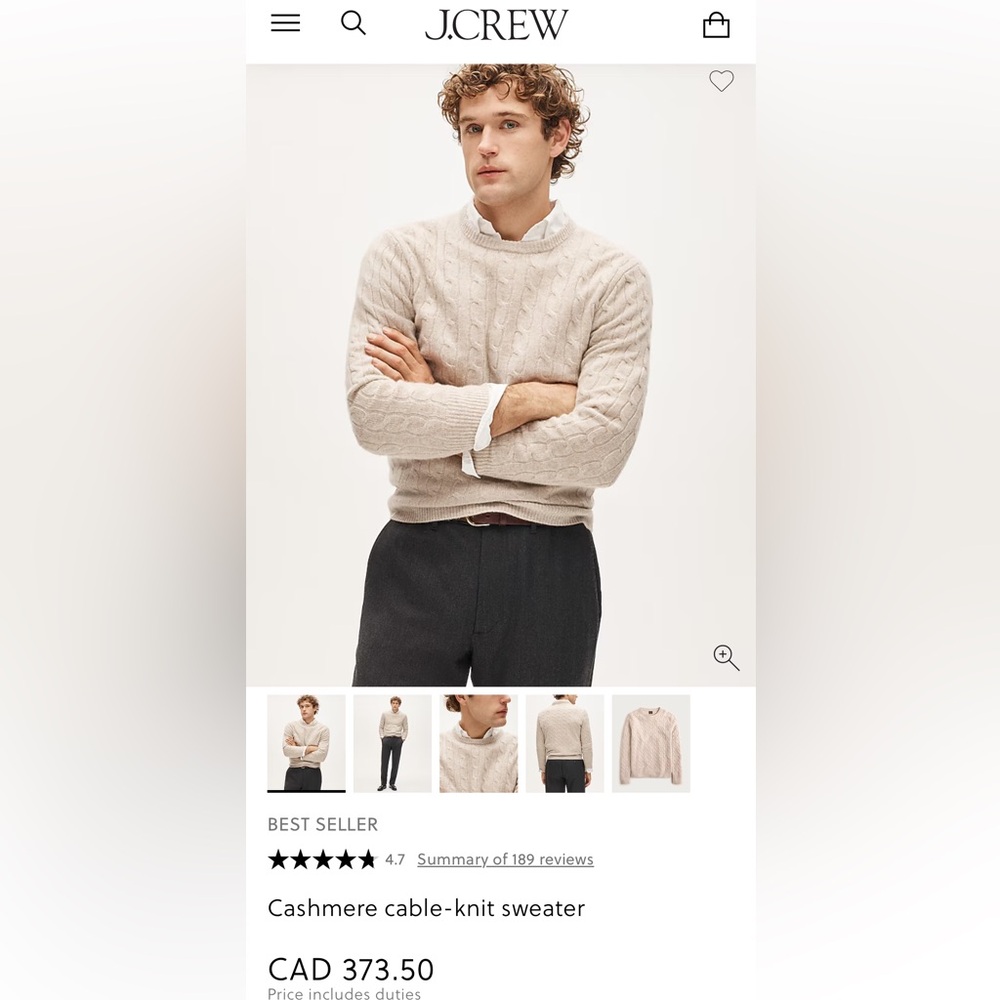 J. Crew Cashmere Cable Knit Crewneck Sweater in Beige